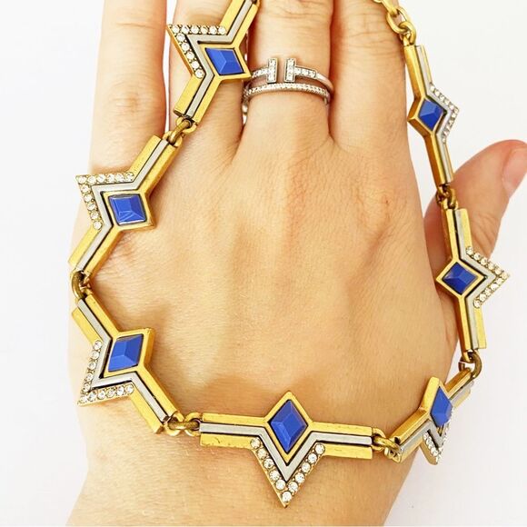 J Crew gold - 2 tone blue rhinestone collar statement necklace 16-20” adjustable - Picture 6 of 6